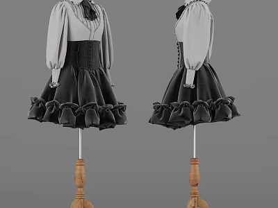 Clothing Hangers with Long Sleeve Dresses Light Top Dark Ruffled Skirt on Wooden Base 3d model