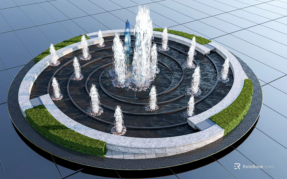 Circular Fountain With Multiple Water Jets Grass Border And Stone Pavement 3d model 
