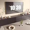 Modern Dark TV Stand With Ribbed Design Decorative Items And Floor Lamp
