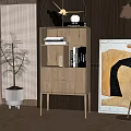 Modern Wooden Bookshelf With Minimalist Design Potted Plant Artwork And Floor Lamp