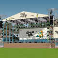 Outdoor Event Stage Setup With Canopy Tent Billboards And Lighting Equipment