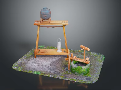 Traditional Rural Architectural Scene with Wooden Frame Pottery Jar Lantern and Mossy Well 3d model