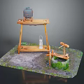 Traditional Rural Architectural Scene with Wooden Frame Pottery Jar Lantern and Mossy Well