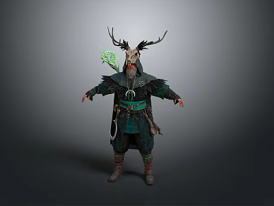 Mystical Shaman Character With Antler Headdress Green Glowing Accessory And Dark Outfit 3d model