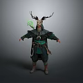Mystical Shaman Character With Antler Headdress Green Glowing Accessory And Dark Outfit