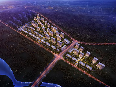 Modern Residential Area Aerial View With High Rise Buildings Green Spaces And River 3d model