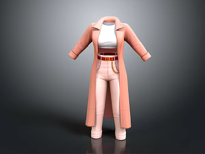 Pink Long Coat With White Inner Top Brown Belt And Pants Outfit 3d model