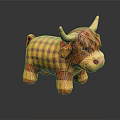 Soft Plush Toy Cow With Brown And Yellow Plaid Fabric And Fringed Legs