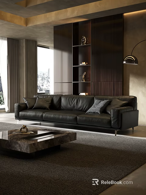 Modern Black Genuine Leather Large Multi Seater Sofa For Luxury Contemporary Living Room Home Decor 3d model 