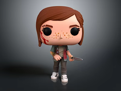Funko Pop Style Character Figure With Brown Hair Blood On Face And Knife 3d model