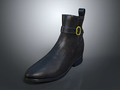 Stylish Black Leather Ankle Boots With Yellow Buckle And Classic Design 3d model