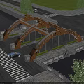 Arched Steel Bridge Over Urban Road With Passing Cars Green Plants And Trees