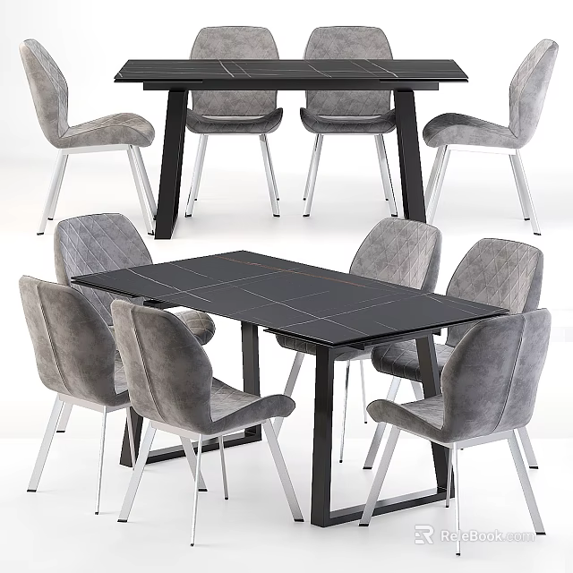Modern Dining Table Set With Gray Upholstered Chairs And Black Table Top 3d model