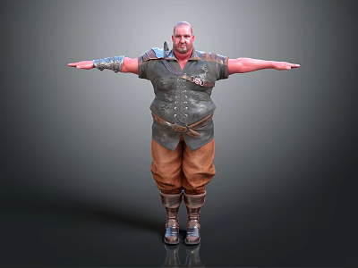 Muscular Bald Character With Leather Armor Metal Decorations Brown Pants And Outstretched Arms 3d model