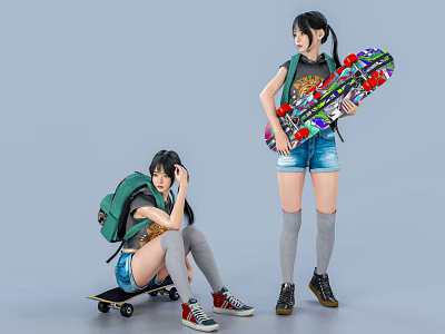 Two Young Women With Skateboards Backpacks Denim Shorts Knee High Socks And Sneakers 3d model