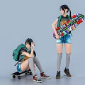 Two Young Women With Skateboards Backpacks Denim Shorts Knee High Socks And Sneakers