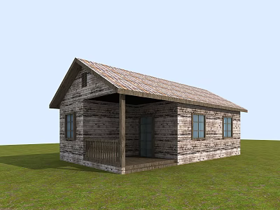 Rustic Log Cabin With Tiled Roof Porch Railing And Windows On Green Grass Field 3d model
