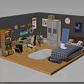 Cozy Bedroom Study Interior With Bookshelf Desk Computer Wardrobe Bed Rug And Wooden Floor