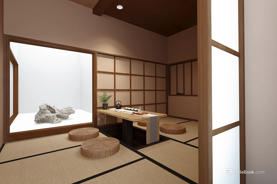 Traditional Japanese Tea Room with Tatami Flooring Shoji Screens and Tea Table Setup 3d model 