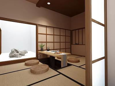 Traditional Japanese Tea Room with Tatami Flooring Shoji Screens and Tea Table Setup 3d model