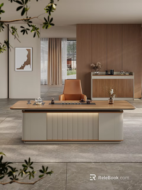 Modern Tea Table And Chair With Brown Tabletop White Cabinet Decorations And Wooden Wall Background 3d model 