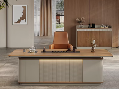 Modern Tea Table And Chair With Brown Tabletop White Cabinet Decorations And Wooden Wall Background 3d model