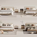 Modern Double Bed Interior With Wooden Headboard Nightstands Pillows And Rugs