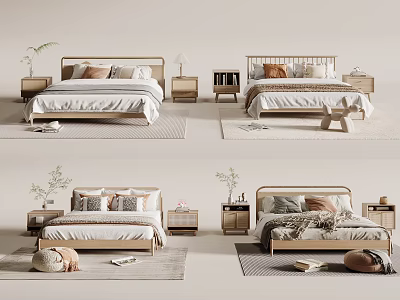 Modern Double Bed Interior With Wooden Headboard Nightstands Pillows And Rugs 3d model