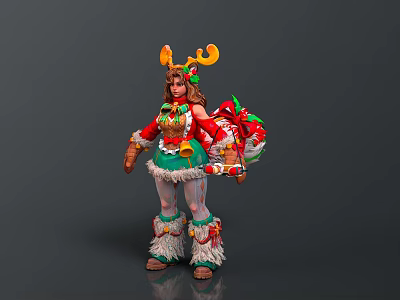 Christmas Themed Character With Reindeer Antlers Green Red Costume And Gift Decorations 3d model