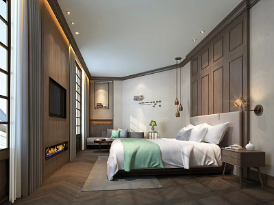Luxurious Hotel Room Interior With Wooden Panel Walls King Bed Green Bedding And Fireplace 3d model