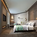 Luxurious Hotel Room Interior With Wooden Panel Walls King Bed Green Bedding And Fireplace