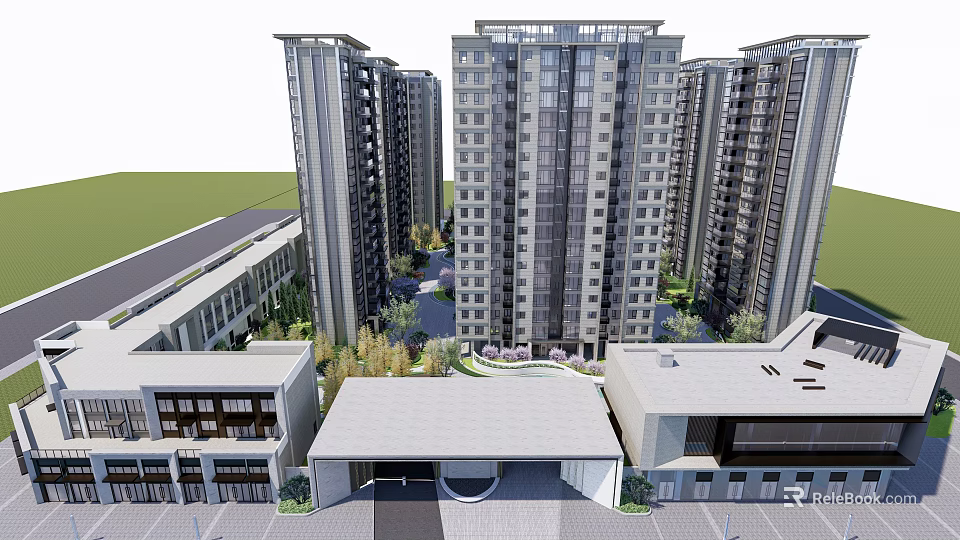 Modern Residential Complex With High Rise Buildings Low Rise Structures And Greenery 3d model 