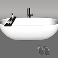 White Oval Shaped Bathtub with Black Faucet Edge Tray and Slippers in Front