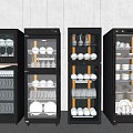 Black Kitchen Storage Appliances With Dishes Bowls In Row Light Colored Walls Floor