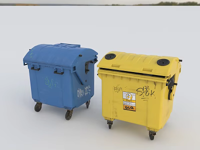 Blue And Yellow Public Trash Bins With Wheels And Graffiti In Urban Environment 3d model