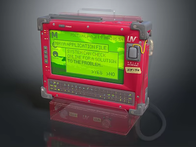 Red Industrial Computer With Green Screen Display Showing System Information On Transparent Base 3d model