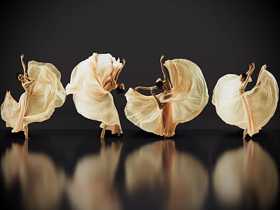 Women Dancing In Light Flowing Dresses With Flying Skirts Dark Background And Floor Reflections 3d model