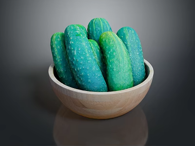 Fresh green cucumbers placed in a wooden bowl on dark surface 3d model