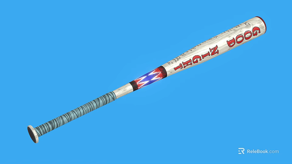 Metal Baseball Bat With BoomHz Logo Red Blue Stripes And Gray Grip On Blue Background 3d model 