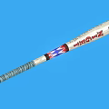 Metal Baseball Bat With BoomHz Logo Red Blue Stripes And Gray Grip On Blue Background