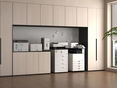Organized Office Space With Wooden Filing Cabinets And Office Equipment Printers 3d model