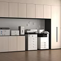 Organized Office Space With Wooden Filing Cabinets And Office Equipment Printers