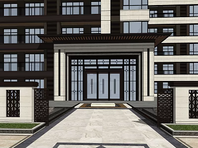 Modern Building Entrance Gate With Portico Glass Doors Decorative Railings And Stone Pathway 3d model