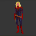 Female Superhero With Blonde Hair In Blue Costume Red Gloves Red Boots And Red Cape