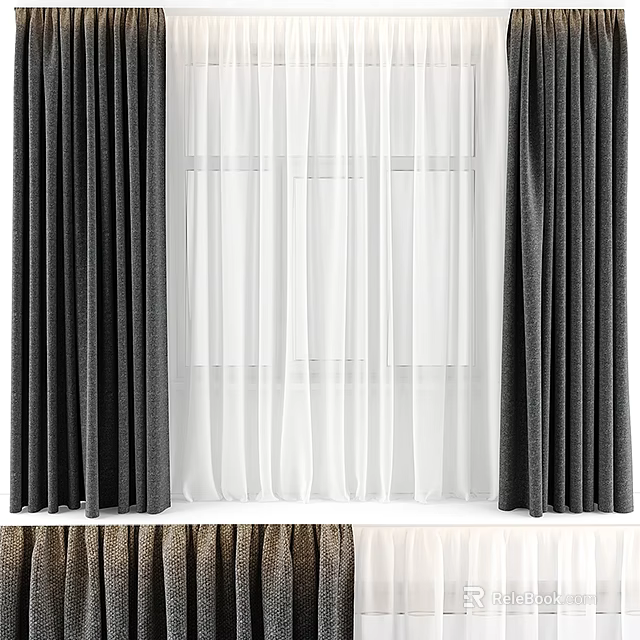 Black And White Double Layer Curtains For Home Window Interior Design 3d model 
