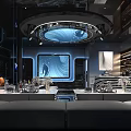 Modern Tech KTV Interior Design With Circular Ceiling Blue Lighting Comfortable Sofa Seating And Bar 3d model