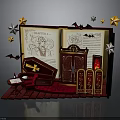 Gothic Open Book Scene With Illustration Coffin Wardrobe Bats Table And Stars