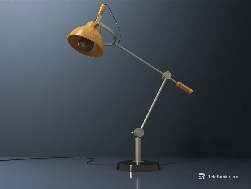 Stylish Modern Wooden Table Lamp with Adjustable Metal Arm and Black Base 3d model 