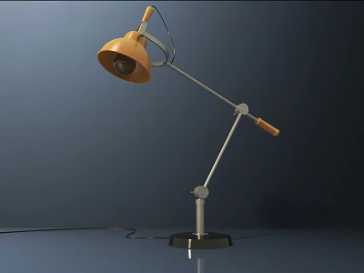 Stylish Modern Wooden Table Lamp with Adjustable Metal Arm and Black Base 3d model