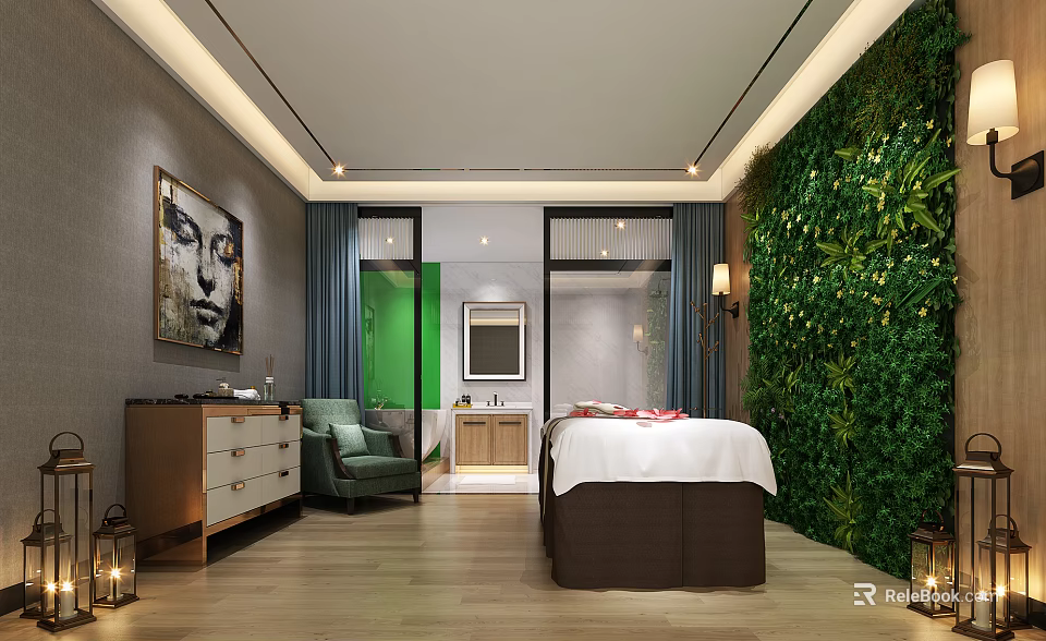 Modern SPA Room Design With Massage Bed Green Plant Wall Comfortable Chair And Gray Wall 3d model 